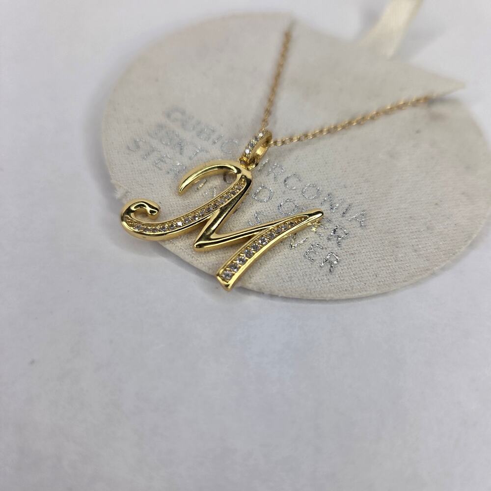 Cubic Zirconia Initial Letter M Pendant Necklace 18k Gold-Plated Sterling Silver - Picture 3 of 6
